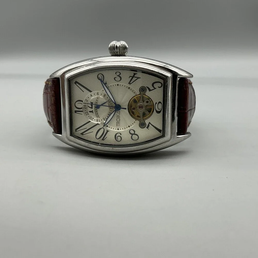 Troika Mens Watch 35mm Silver Tone Brown Leather Automatic For Parts Not Running